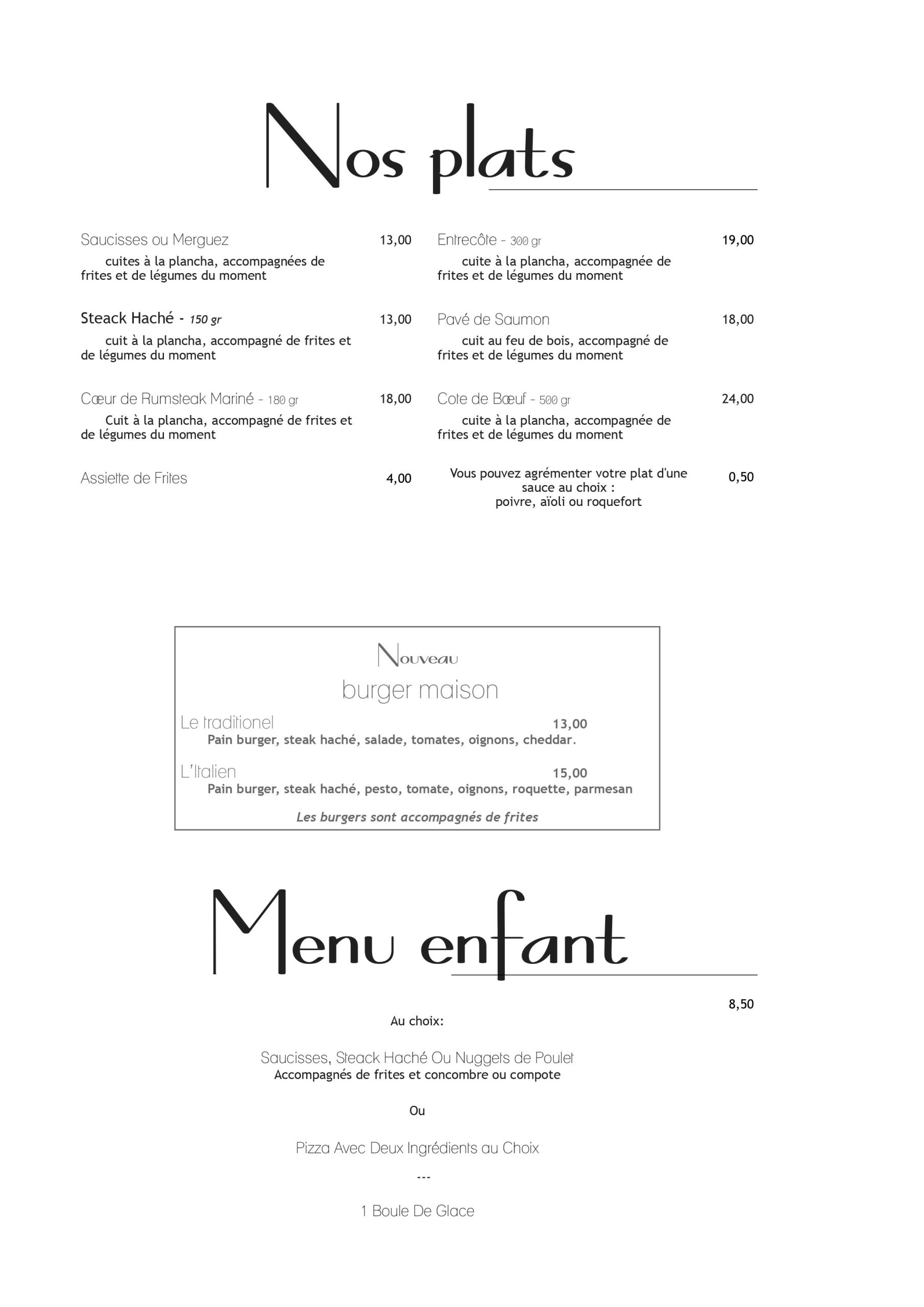 Menu pizzeria Camping Beau Rivage